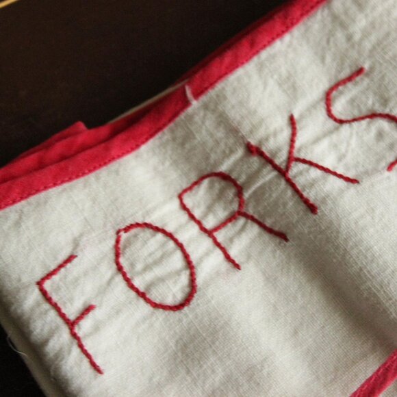 Vintage 1950s Silverware Holder, White And Red Fork Pocket, Kitchen Linens - Picture 4 of 13